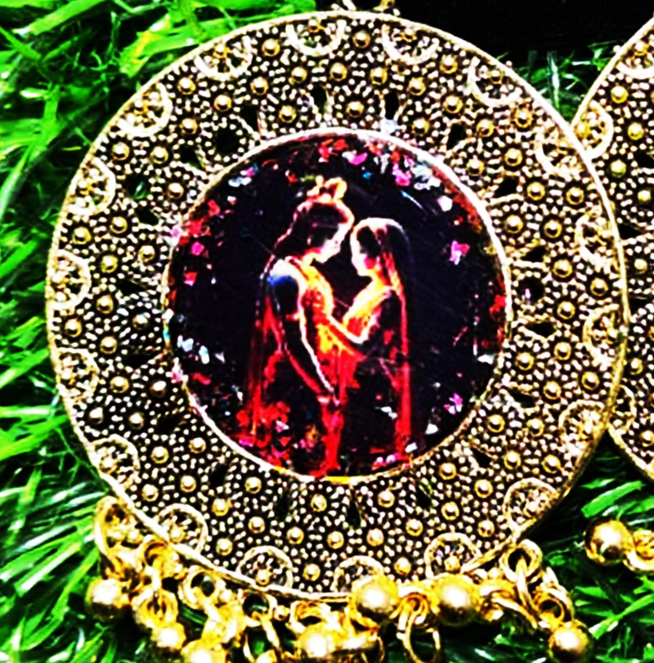 “Radha Krishna Resin Art Oxidized Gold-Plated Jhumkas – Traditional Ethnic Jewelry - Image 3