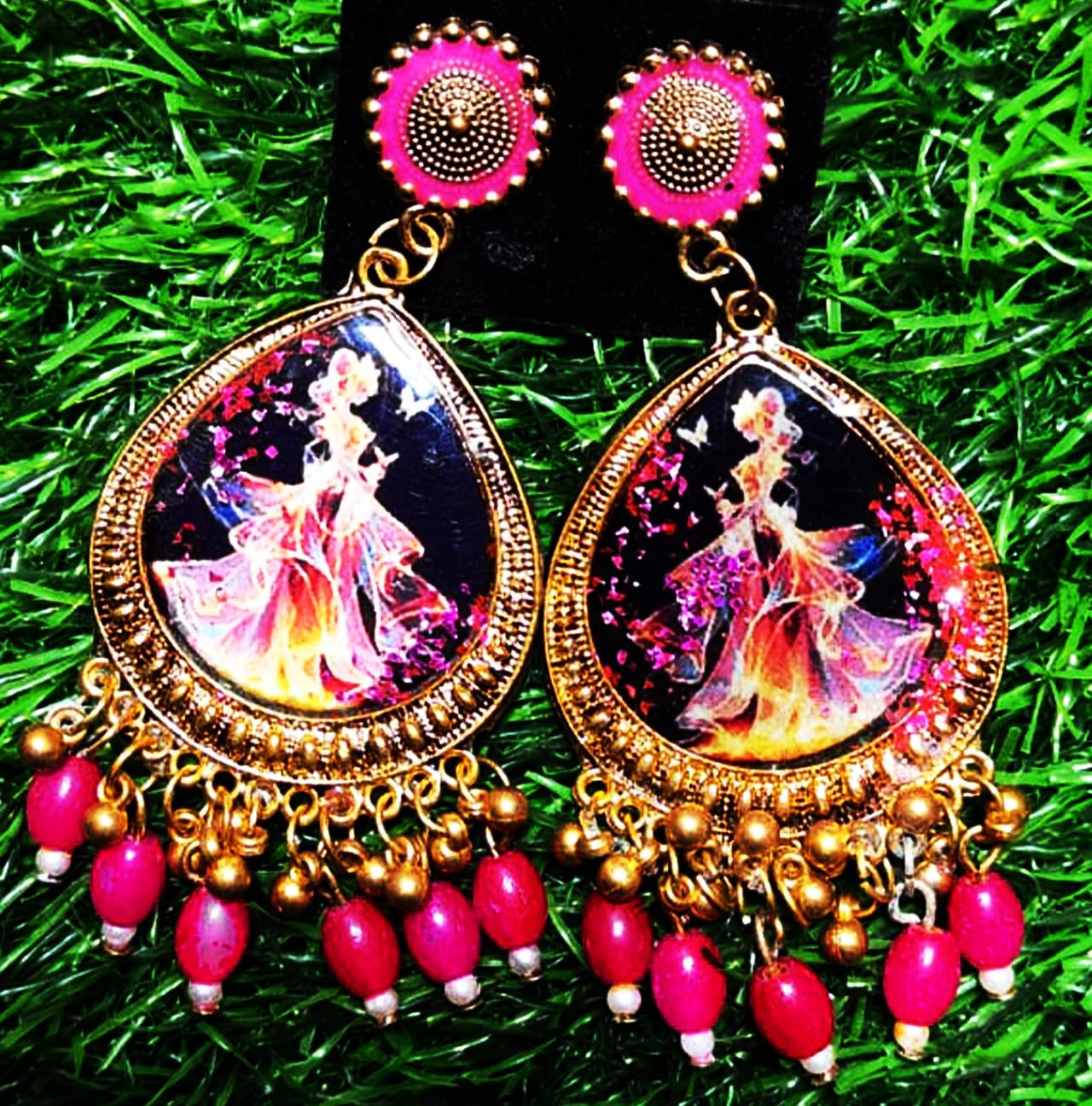 Handmade Resin Princess Art Earrings – Ethnic Gold-Plated Designer Jewelry