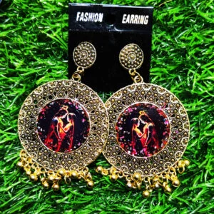 “Radha Krishna Resin Art Oxidized Gold-Plated Jhumkas – Traditional Ethnic Jewelry